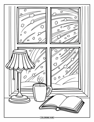Coloriage de chocolat chaud pour enfants : Une tempête de neige tourbillonne dehors pendant qu'un chocolat chaud et un livre reposent à l'intérieur