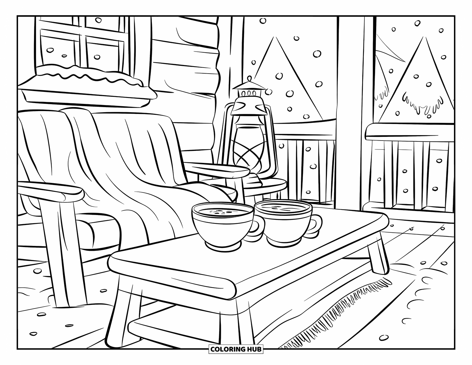 Hot Cocoa Coloring Page for Kids: A snowy porch holds cocoa mugs, a blanket, and wooden chairs