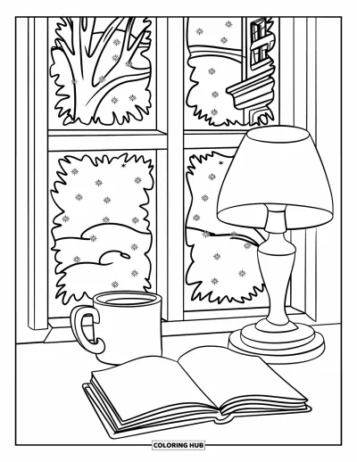 Coloriage de chocolat chaud pour enfants : Une vue sur une fenêtre enneigée avec un chocolat chaud, un livre ouvert et une lampe chaleureuse