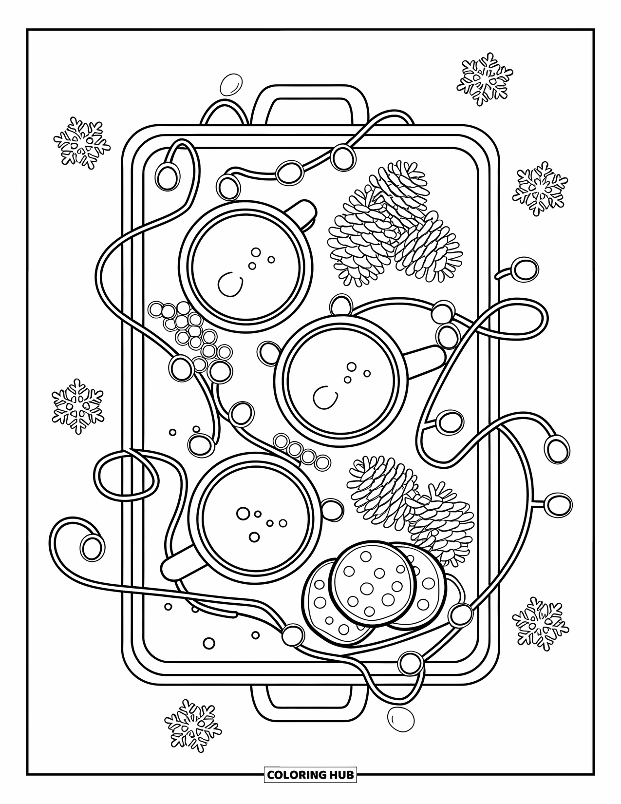 Hot Cocoa Coloring Page for Kids: A tray of cocoa, cookies, and pinecones is sprinkled with snowflakes