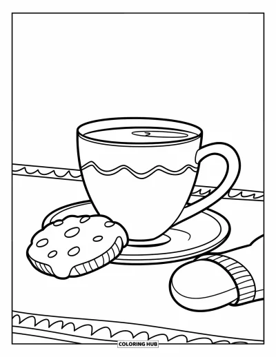 Coloriage de chocolat chaud pour enfants : Une tasse de chocolat chaud avec un cookie et une moufle posée sur une table