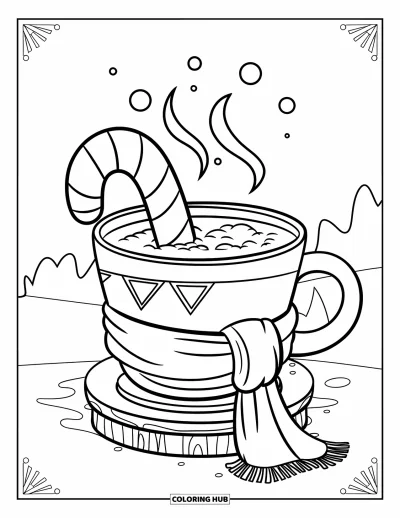 Coloriage de chocolat chaud pour enfants : Une tasse de chocolat chaud avec une canne en sucre d'orge et une écharpe qui fume sur un support en bois
