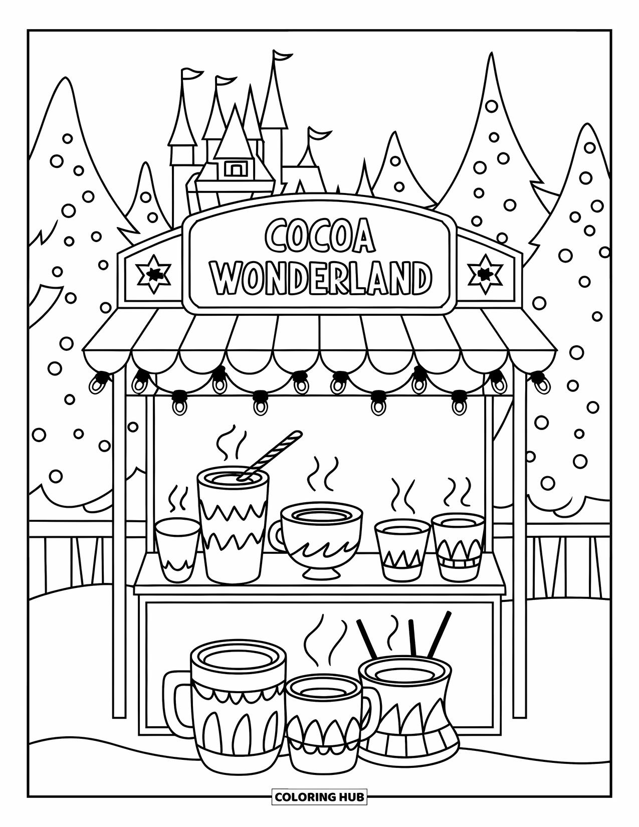 Hot Cocoa Coloring Page for Kids: A winter market stall serves cocoa under twinkling lights near a snowy castle