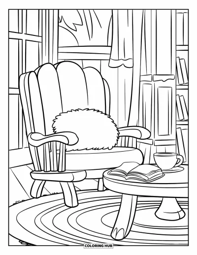 Coloriage de chocolat chaud pour enfants : Une chaise en bois et une tasse de chocolat chaud composent un coin lecture paisible