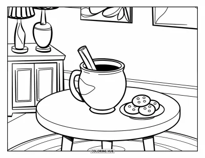 Coloriage de chocolat chaud pour enfants : Un chocolat chaud et des cookies sur une table entourée de décorations chaleureuses et familiales