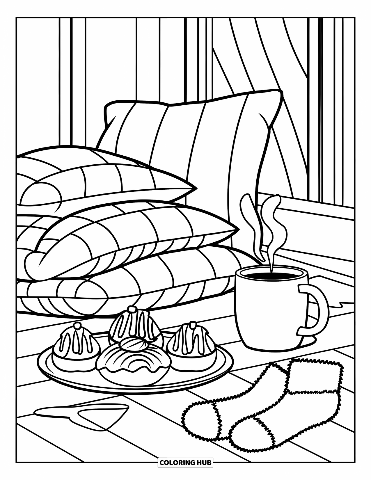 Hot Cocoa Coloring Page for Kids: Cocoa and pastries cozy up a room with pillows and fuzzy socks