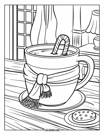 Coloriage de chocolat chaud pour enfants : Un chocolat chaud, un cookie et une écharpe dans une pièce douillette aux décorations délicates