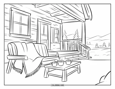 Coloriage de chocolat chaud pour enfants : Des tasses de chocolat chaud et une couverture réchauffent la terrasse enneigée d'un chalet