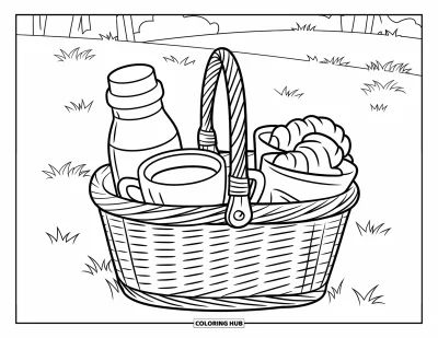 Coloriage de chocolat chaud pour enfants : Des tasses de chocolat chaud et une pâtisserie dans un panier de pique-nique dans un parc paisible