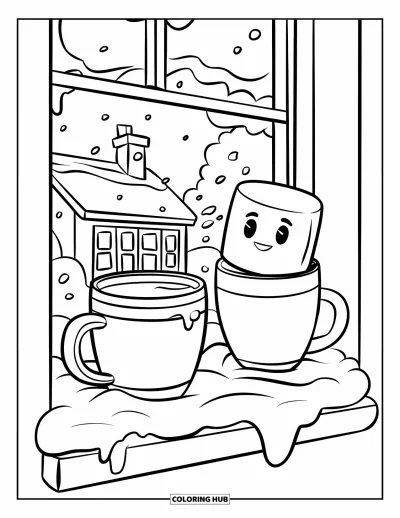 Coloriage de chocolat chaud pour enfants : Des tasses de chocolat chaud sur un rebord de fenêtre enneigé près d'une maison avec une cheminée