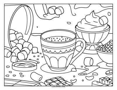 Coloriage de chocolat chaud pour enfants : Un chocolat chaud, des garnitures et des ingrédients de pâtisserie dans une cuisine joyeuse