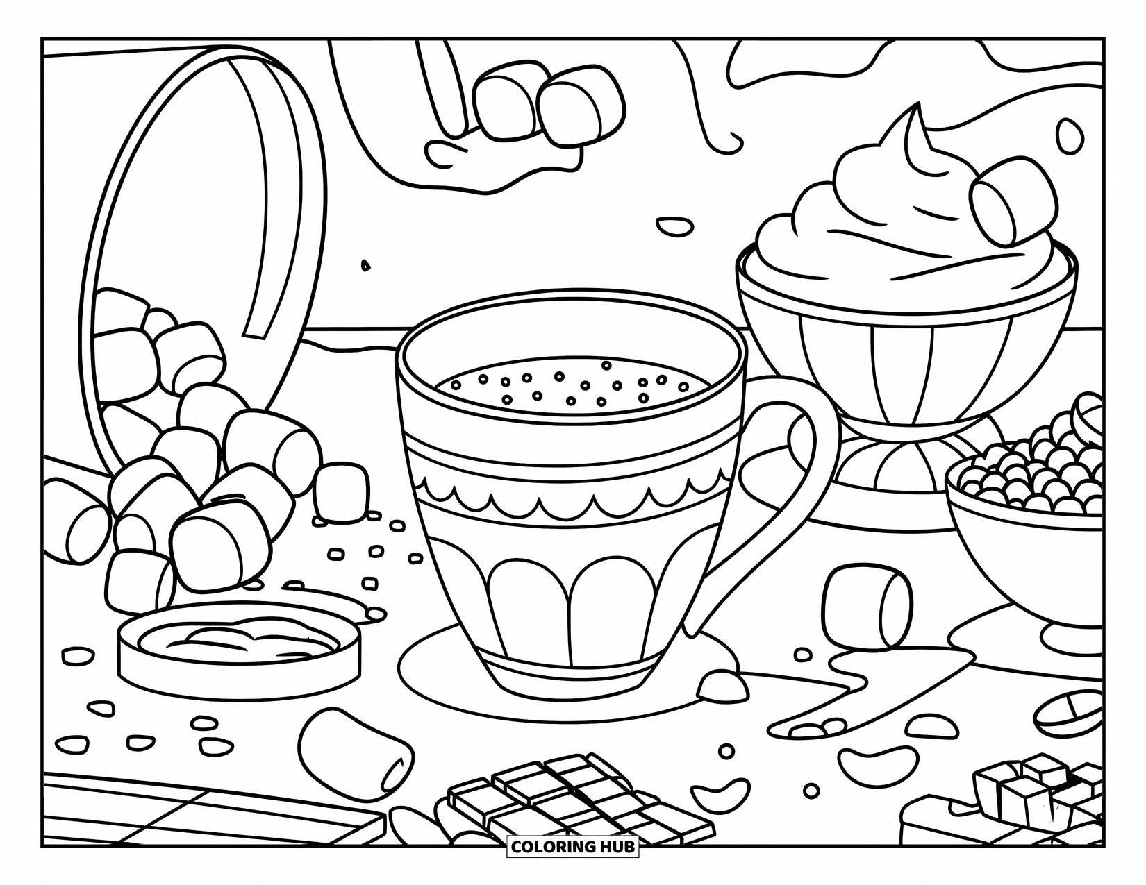 Hot Cocoa Coloring Page for Kids: Cocoa, toppings, and baking ingredients scatter across a cheerful kitchen setup