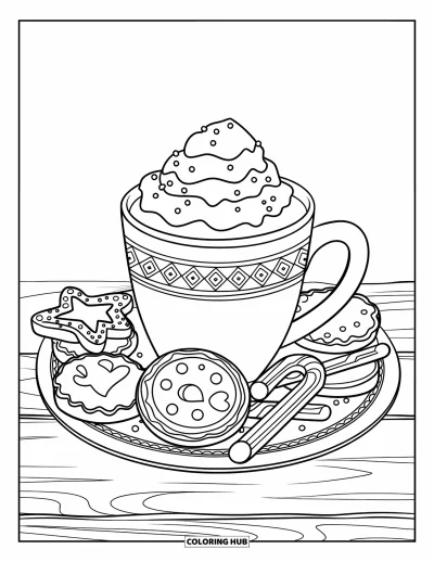 Coloriage de chocolat chaud pour enfants : Un chocolat chaud avec des cookies et des cannes en sucre d'orge sur une assiette à motifs