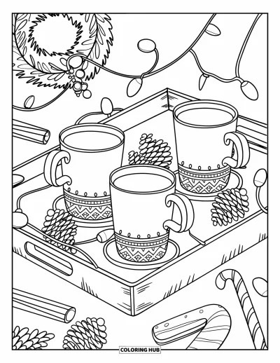 Coloriage de chocolat chaud pour enfants : Des tasses de chocolat chaud festives et des cookies sur un plateau avec des guirlandes lumineuses et des décorations