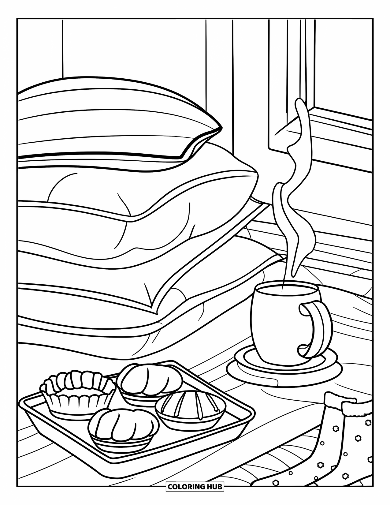 Hot Cocoa Coloring Page for Kids: Layered pillows, a warm drink, and snacks fill a comfy room corner