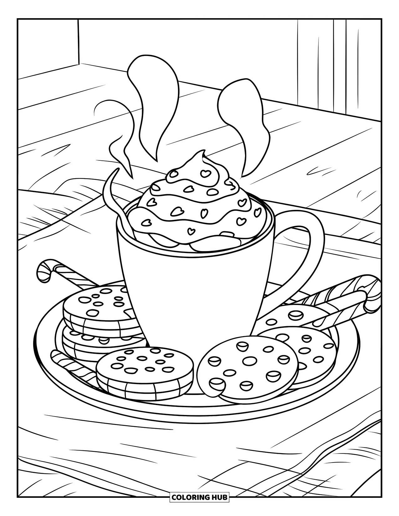 Hot Cocoa Coloring Page for Kids: Steamy cocoa with whipped cream rests on a plate with cookies and candy canes