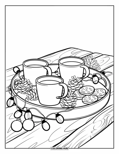 Coloriage de chocolat chaud pour enfants : Trois tasses de chocolat chaud sur un plateau avec des cookies, des pommes de pin et des lumières scintillantes