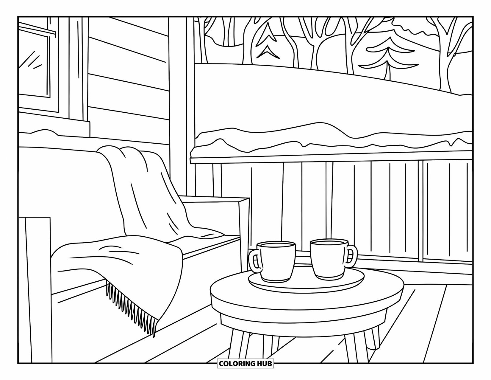 Hot Cocoa Coloring Page for Kids: Two cocoa mugs and a blanket rest on a snowy cabin porch