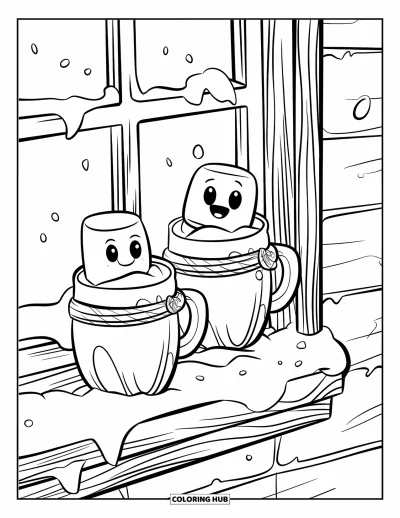 Coloriage de chocolat chaud pour enfants : Deux tasses de chocolat chaud sur un rebord de fenêtre enneigé avec un chamallow souriant
