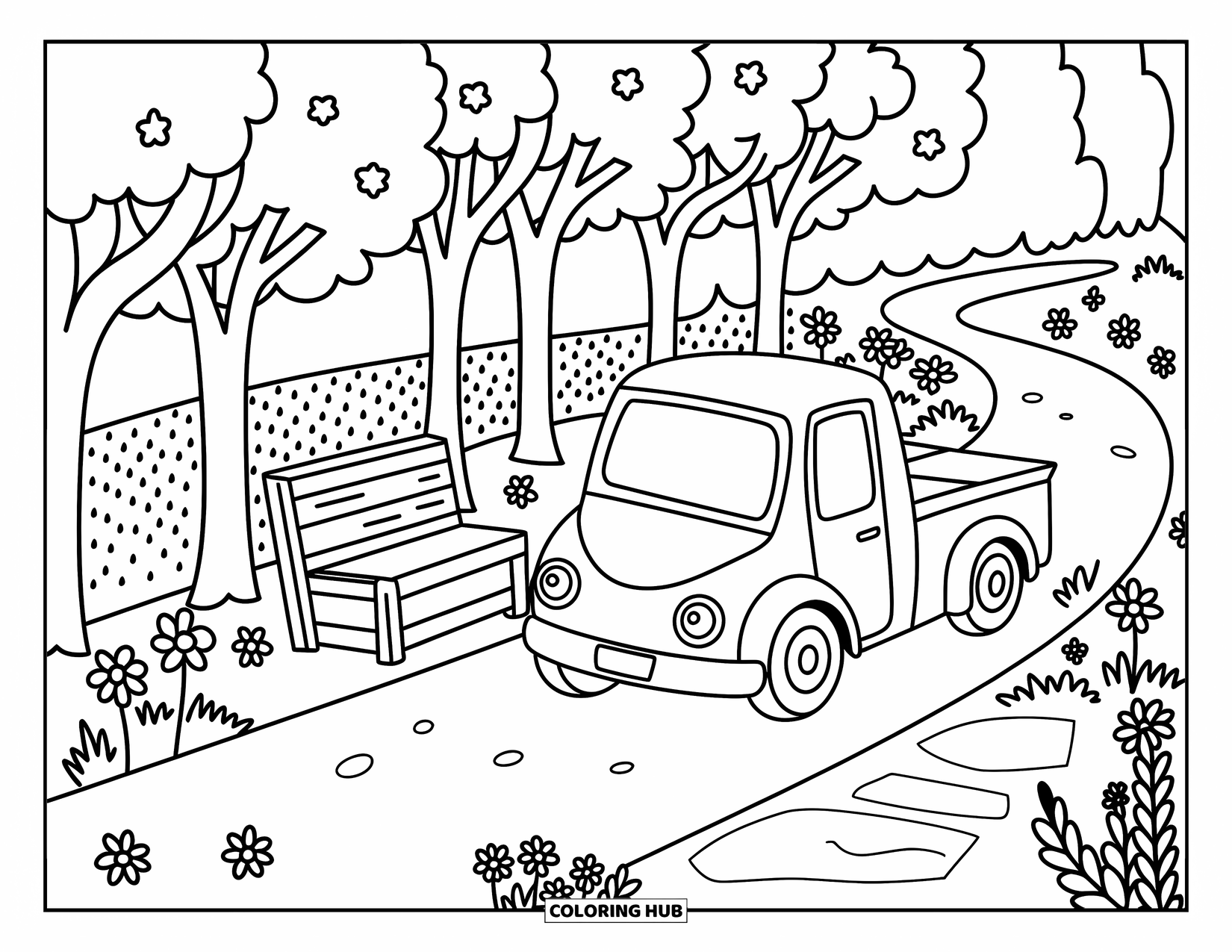 Ice Cream Truck Coloring Page for Adults: A cheerful countryside truck scene with flowers, trees, and a quiet little stream