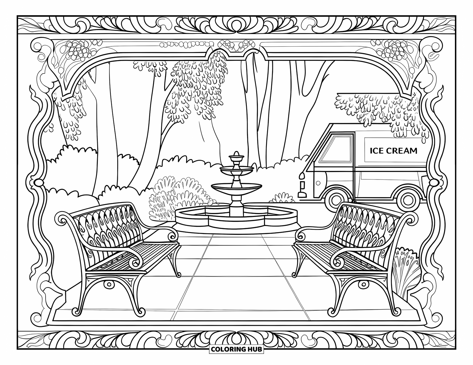 Ice Cream Truck Coloring Page for Adults: A fancy patio with trees, a fountain, and an ice cream truck in the corner