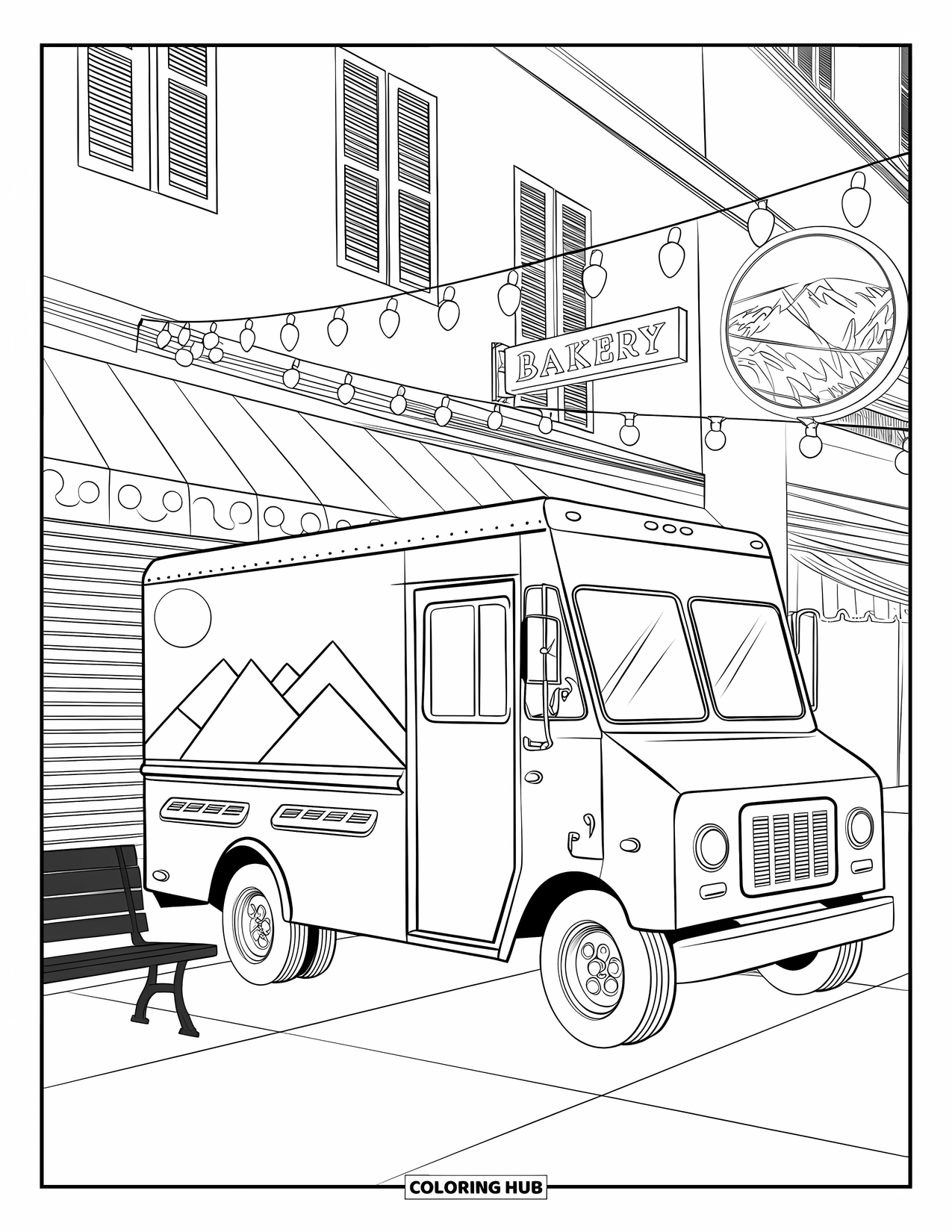 Ice Cream Truck Coloring Page for Adults: A mural-covered truck rests near benches in an alley with a "Bakery" sign