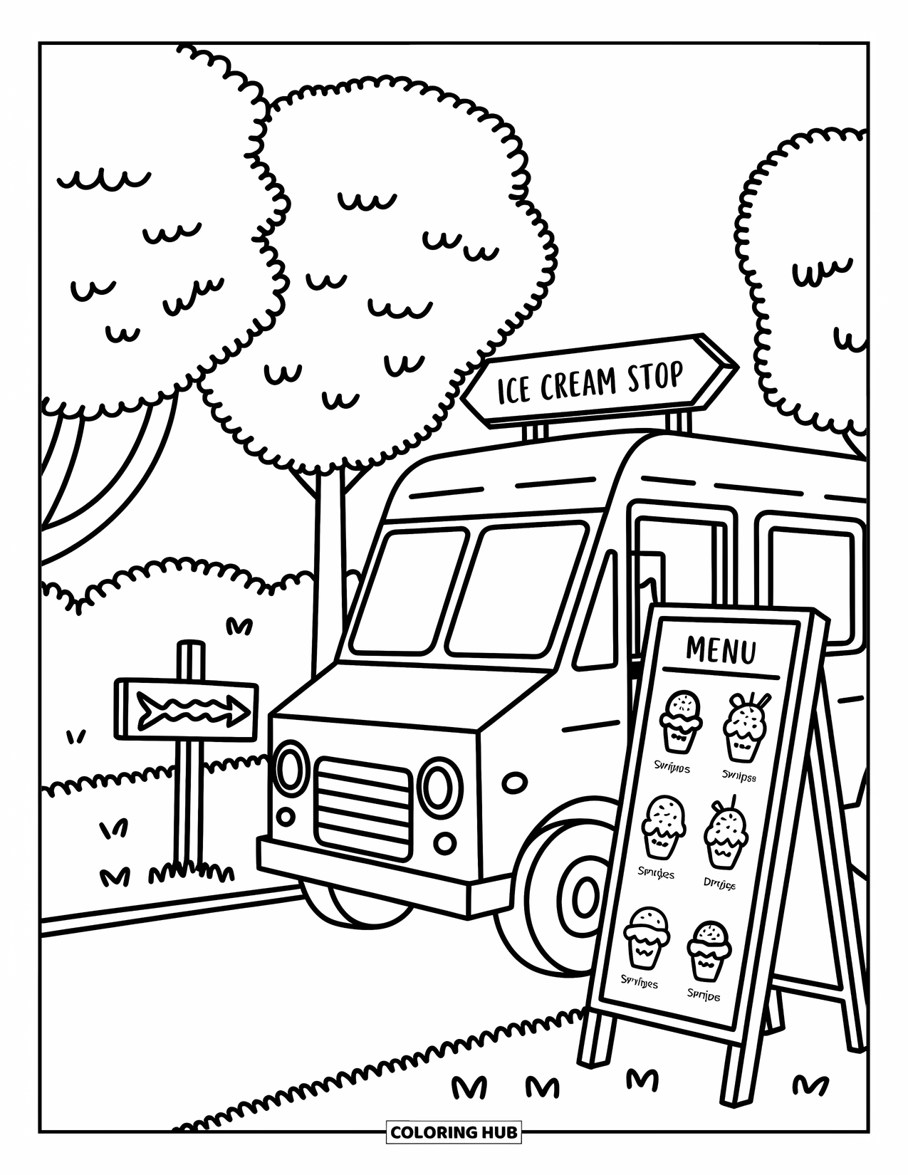 Ice Cream Truck Coloring Page for Adults: A peaceful park scene with a menu board, trees, and a sign for ice cream fun