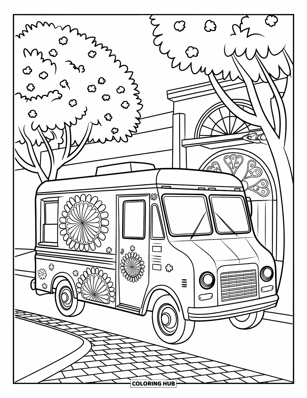 Ice Cream Truck Coloring Page for Adults: A retro truck with floral designs is parked on cobblestones near trees and arches