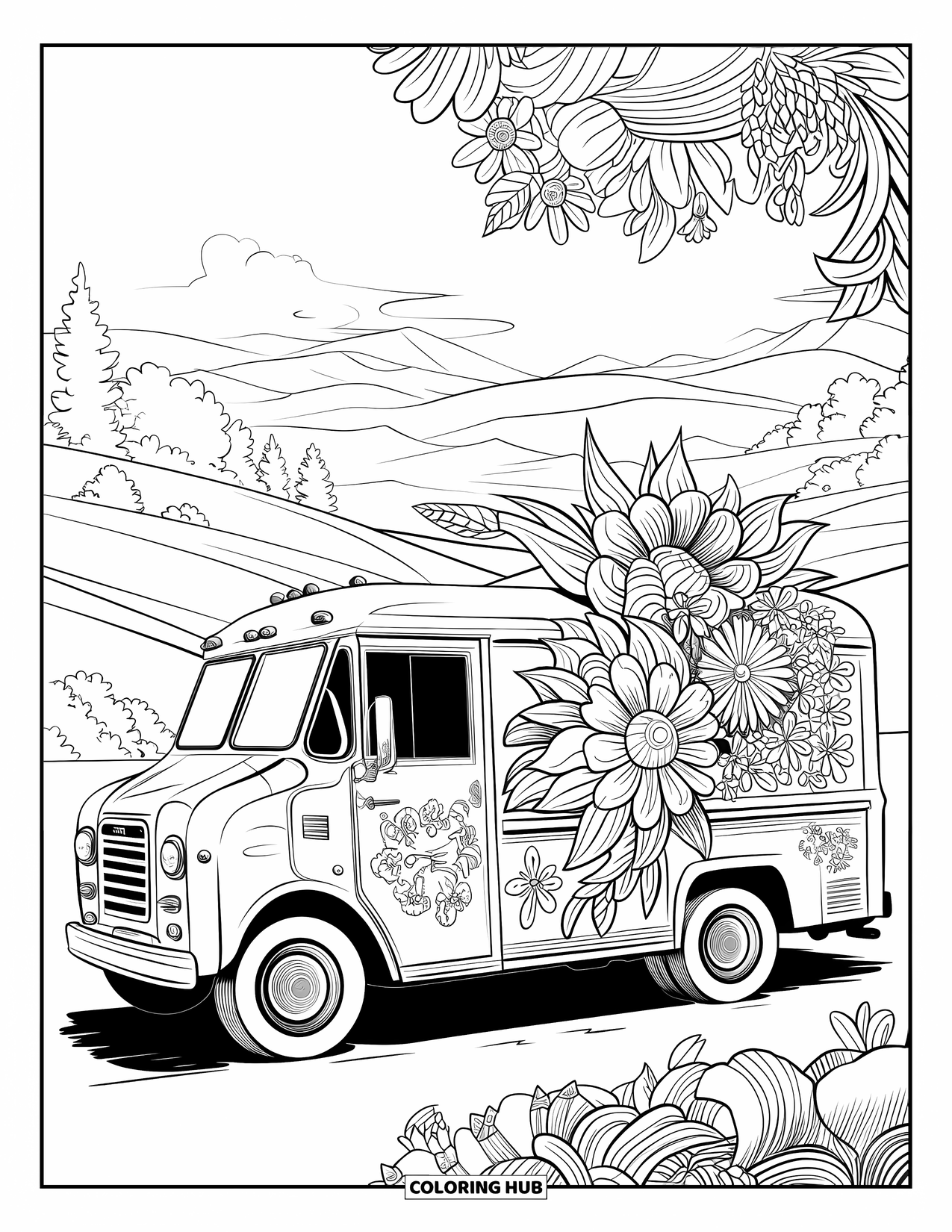 Ice Cream Truck Coloring Page for Adults: A side-view of a retro truck with floral art and hills in the background