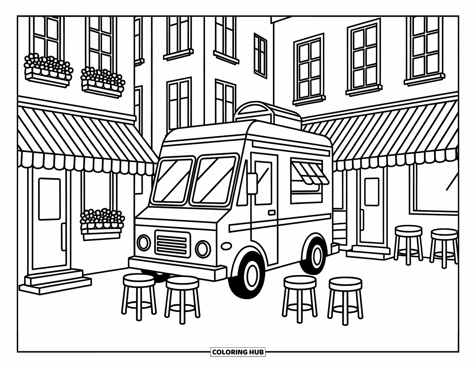 Ice Cream Truck Coloring Page for Adults: A sweet truck is nestled between cafés with stools, flowers, and cozy street charm