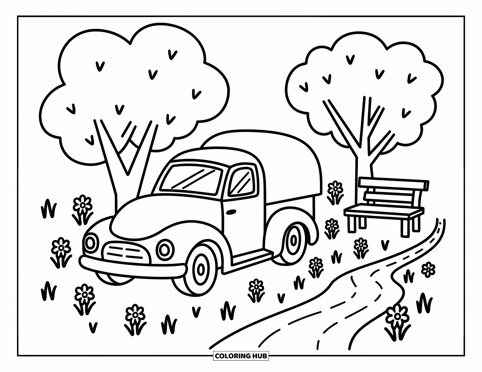 Ice Cream Truck Coloring Page for Adults: A tiny truck rests near a tree-lined path with wildflowers and a gentle stream