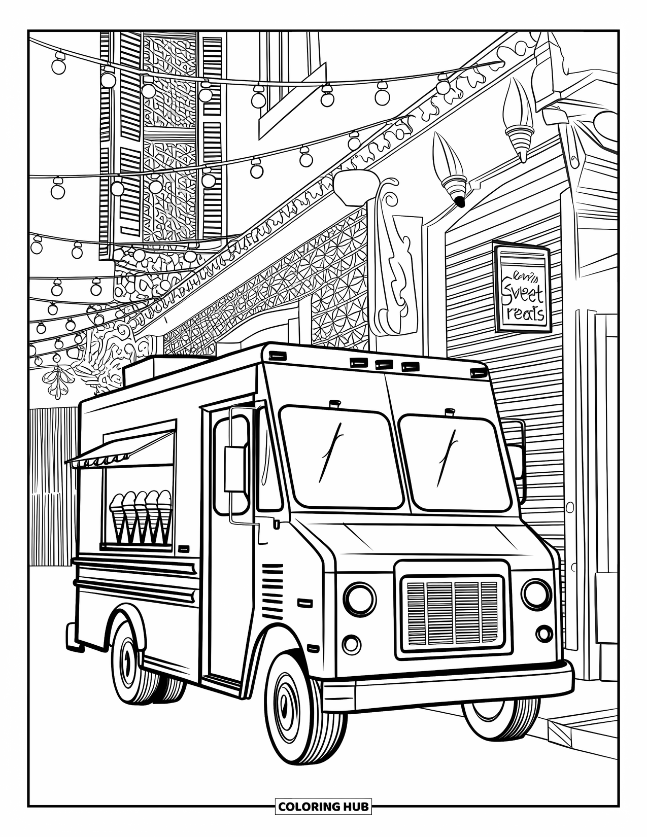 Ice Cream Truck Coloring Page for Adults: A truck full of cones parked in an alley with lights, shutters, and a sweet sign