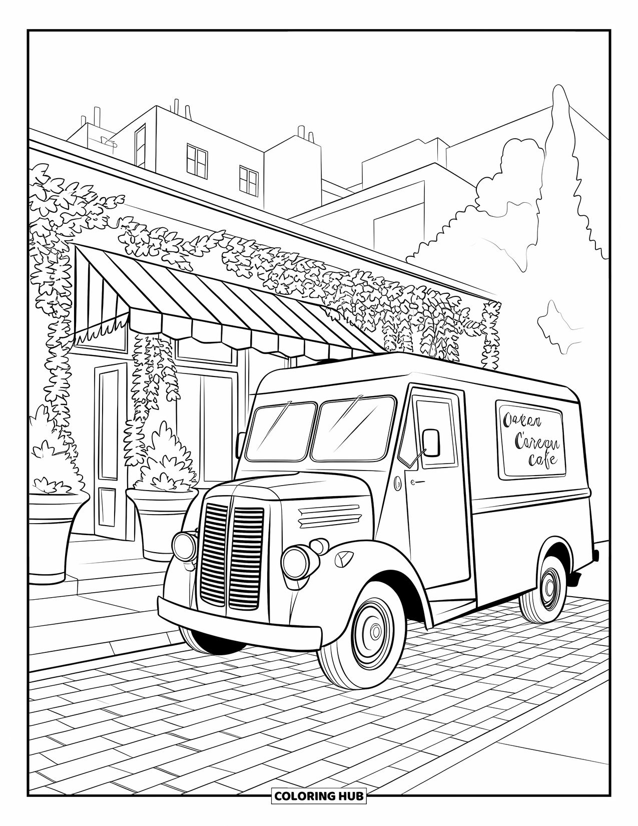 Ice Cream Truck Coloring Page for Adults: A vintage ice cream truck is parked in front of a café with ivy and planters
