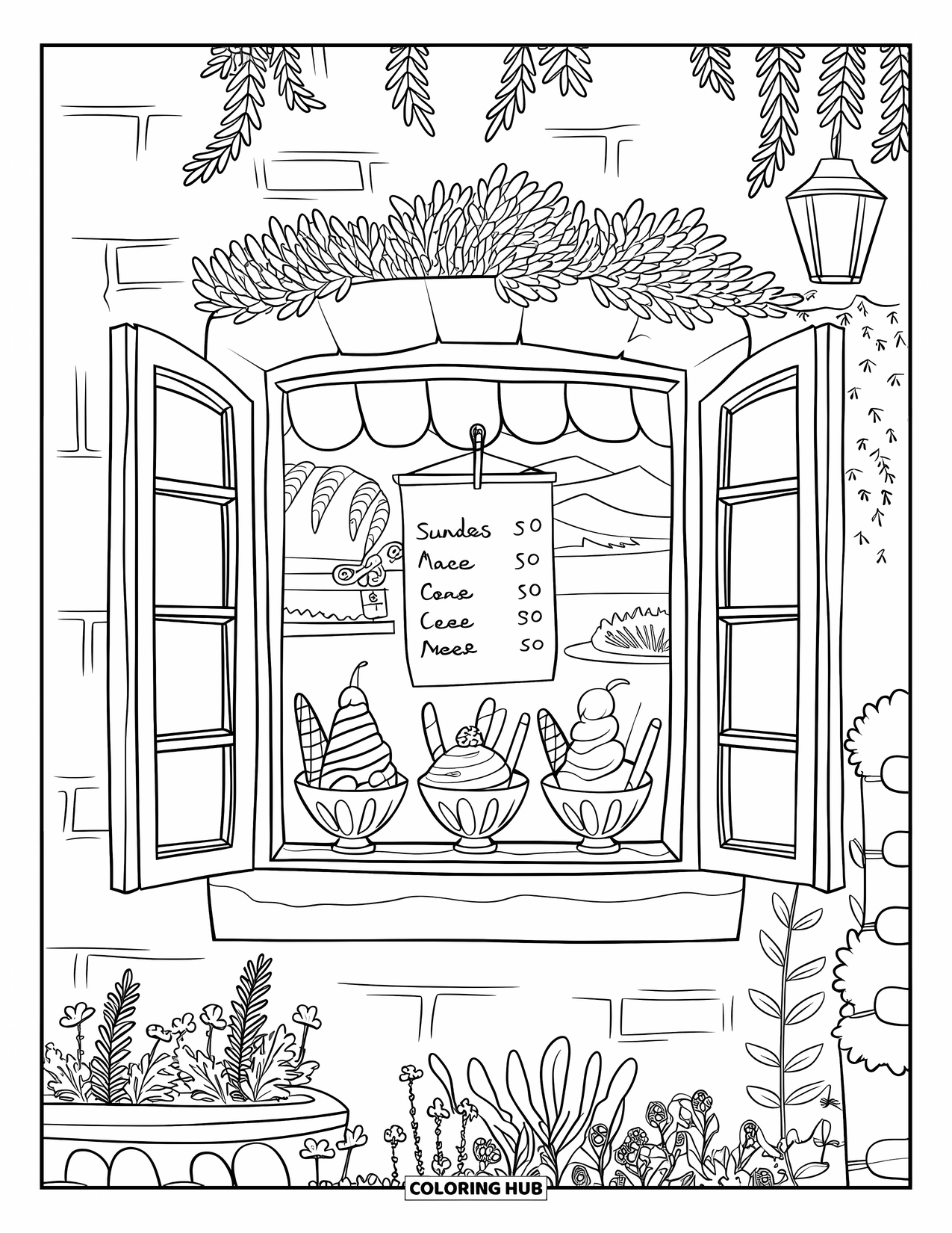 Ice Cream Truck Coloring Page for Kids: A charming window with sundaes, a menu, lanterns, and nearby plants on a stone wall