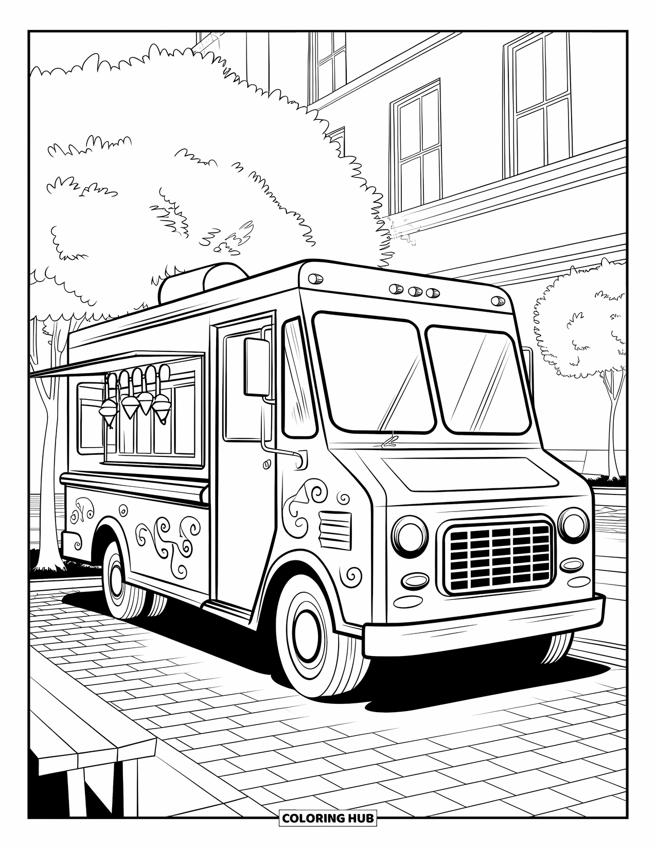 Ice Cream Truck Coloring Page for Kids: A retro-style ice cream truck parked on a cobblestone street near benches and trees