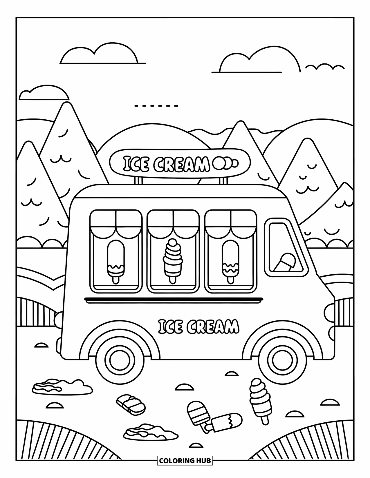 Ice Cream Truck Coloring Page for Kids: An ice cream truck with cute treats stands in a peaceful landscape with clouds and trees