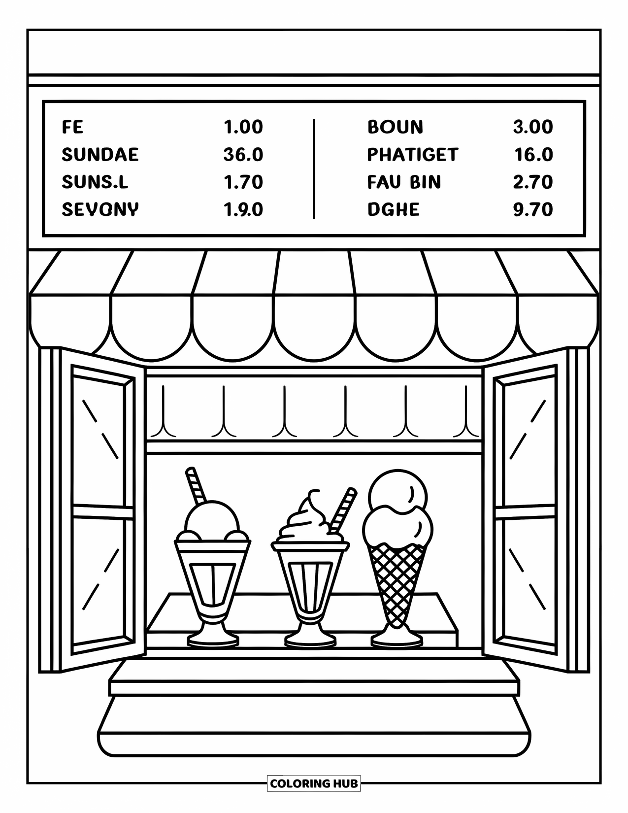Ice Cream Truck Coloring Page for Kids: An open window display with sundaes, cones, and prices on a simple menu