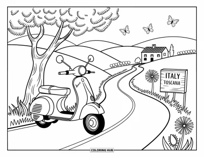 Coloriage d'Italie pour adultes : Une joyeuse Vespa est garée sous un olivier avec des collines et une villa au loin
