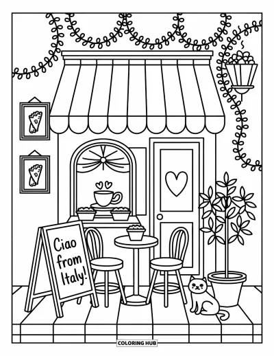 Coloriage d'Italie pour adultes : Une scène de café douillette présente de la vapeur en forme de cœur, du lierre et un petit chat endormi