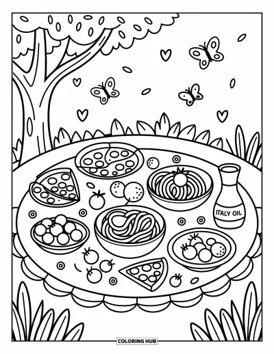 Coloriage d'Italie pour adultes : Un pique-nique paisible présente de petites gourmandises italiennes et des papillons qui volettent au-dessus