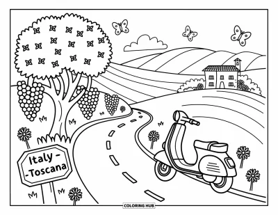 Coloriage d'Italie pour adultes : Une Vespa adorable est garée sous un olivier le long d'une route sinueuse de Toscane