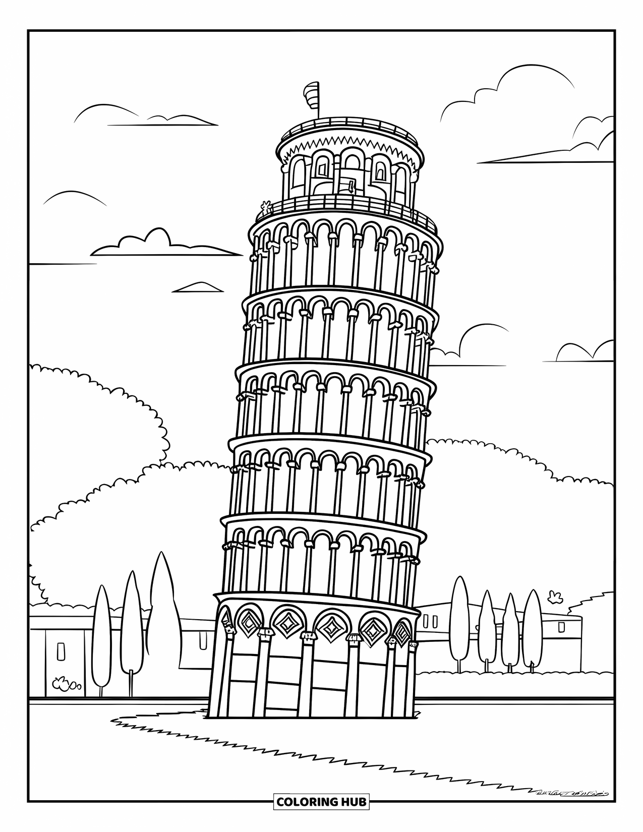 Italy Coloring Page for Adults: A few people lean and pose near Pisa's famous tilted tower under a cloudy sky