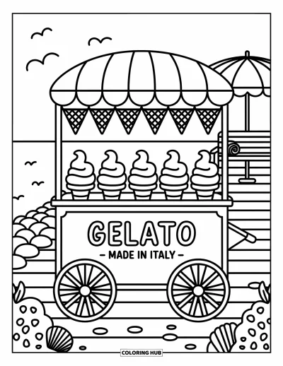 Coloriage d'Italie pour adultes : Un chariot à gelato avec des boules tourbillonnantes sourit près de coquillages et d'un petit parasol