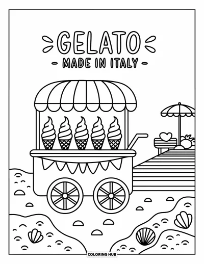 Coloriage d'Italie pour adultes : Un joyeux chariot à gelato est entouré de coquillages, de rochers et d'un banc ombragé