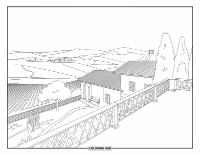 Coloriage d'Italie pour adultes : Une terrasse toscane paisible laisse voir des collines, des clôtures, des arbres et un village calme au loin