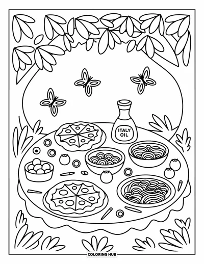 Coloriage d'Italie pour adultes : Une table de pique-nique est remplie de mignonnes pizzas, de pâtes et d'une bouteille d'huile d'olive
