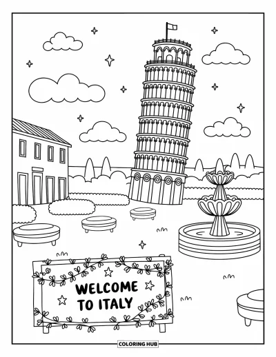 Coloriage d'Italie pour adultes : Une tour fantaisiste se penche près de bancs, de buissons et d'une fontaine en fleurs
