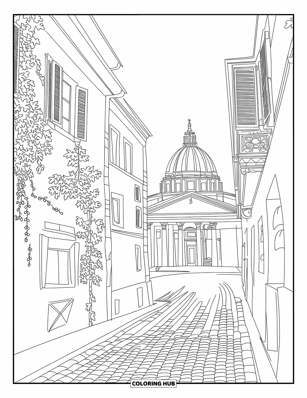 Italy Coloring Page for Adults: A quiet Roman alley leads to the Pantheon dome, framed by ivy-covered buildings