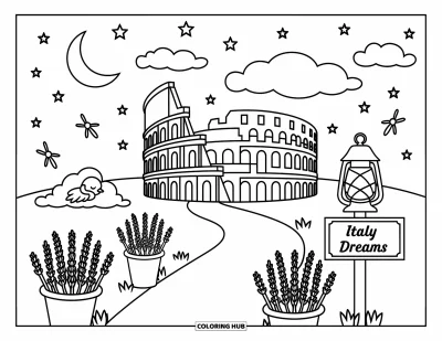 Coloriage d'Italie pour adultes : Un Colisée arrondi se dresse sous les étoiles, entouré de chemins de lavande et d'une lanterne avec un oiseau endormi