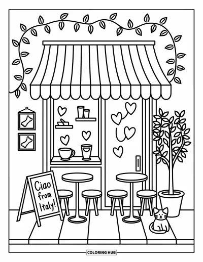 Coloriage d'Italie pour adultes : Une enseigne de café souriante indique "Ciao from Italy" à côté de motifs de pâtes et d'un citronnier en pot
